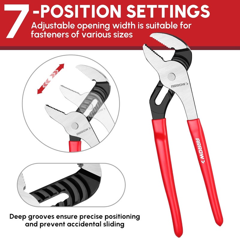 Arrow Fastener ARROW Groove Joint Pliers, 10" Adjustable Water Pump Pliers with 7 Jaw Positions, Serrated Jaws and Comfort Dip-grip Handle, Ideal for Plumbing Repair and Home Maintenance - Image 3